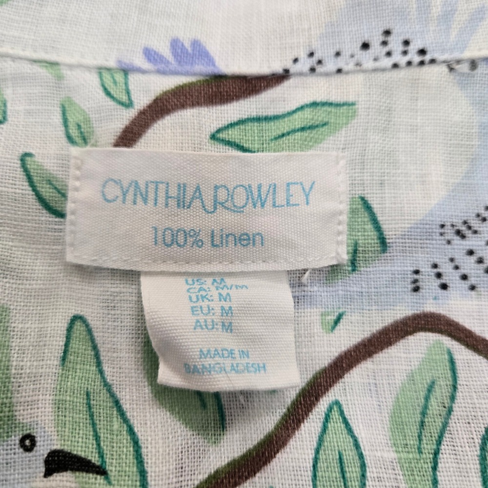 Cynthia Rowley Womens Blue Green Bird Print 100% Linen Camp Shirt Size M - Picture 6 of 8